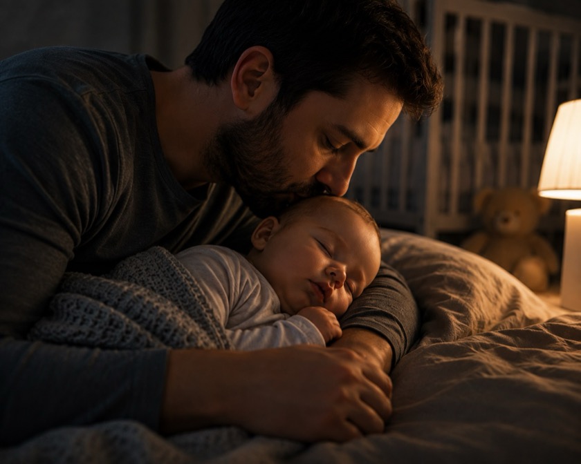 Elternteil hält Baby liebevoll im Arm (KI-generiertes Symbolbild)